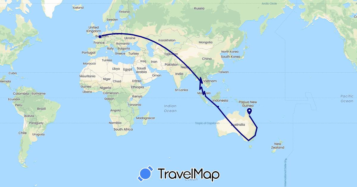 TravelMap itinerary: driving in Australia, Belgium, France, Indonesia, Malaysia, Singapore, Thailand (Asia, Europe, Oceania)